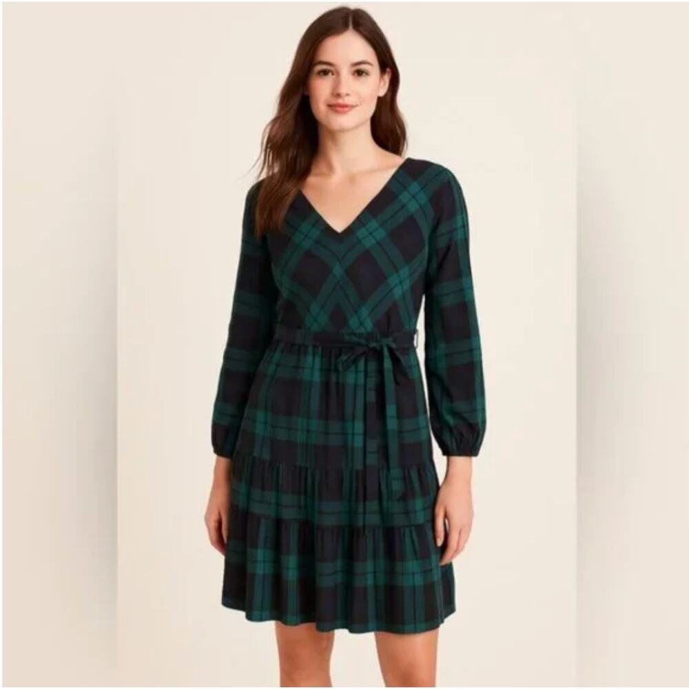 J. Crew Factory Green and Black Plaid Long Sleeve Dress